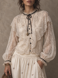 Cream Lace Ruffle Tie Neck Blouse