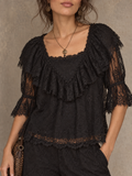 Black Lace Ruffle Sleeve Blouse