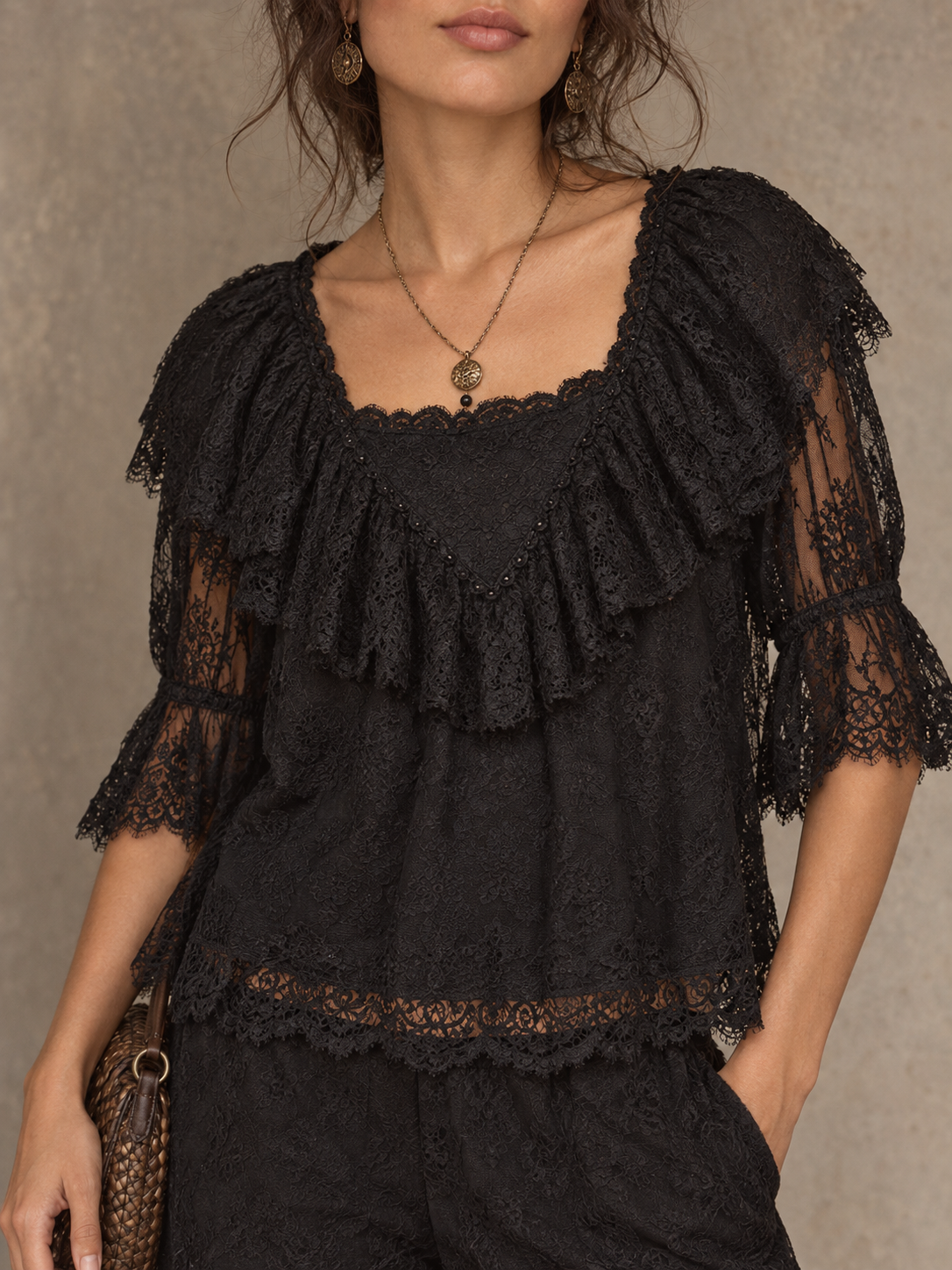 Black Lace Ruffle Sleeve Blouse