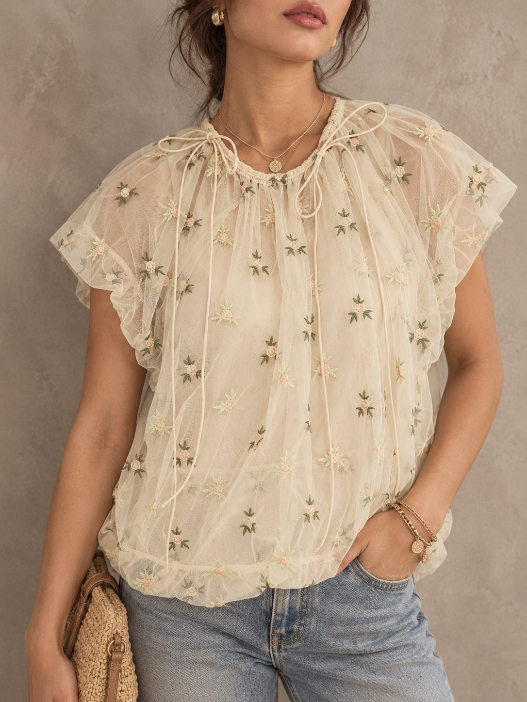 Cream Embroidered Floral Ruffle Sleeve Top