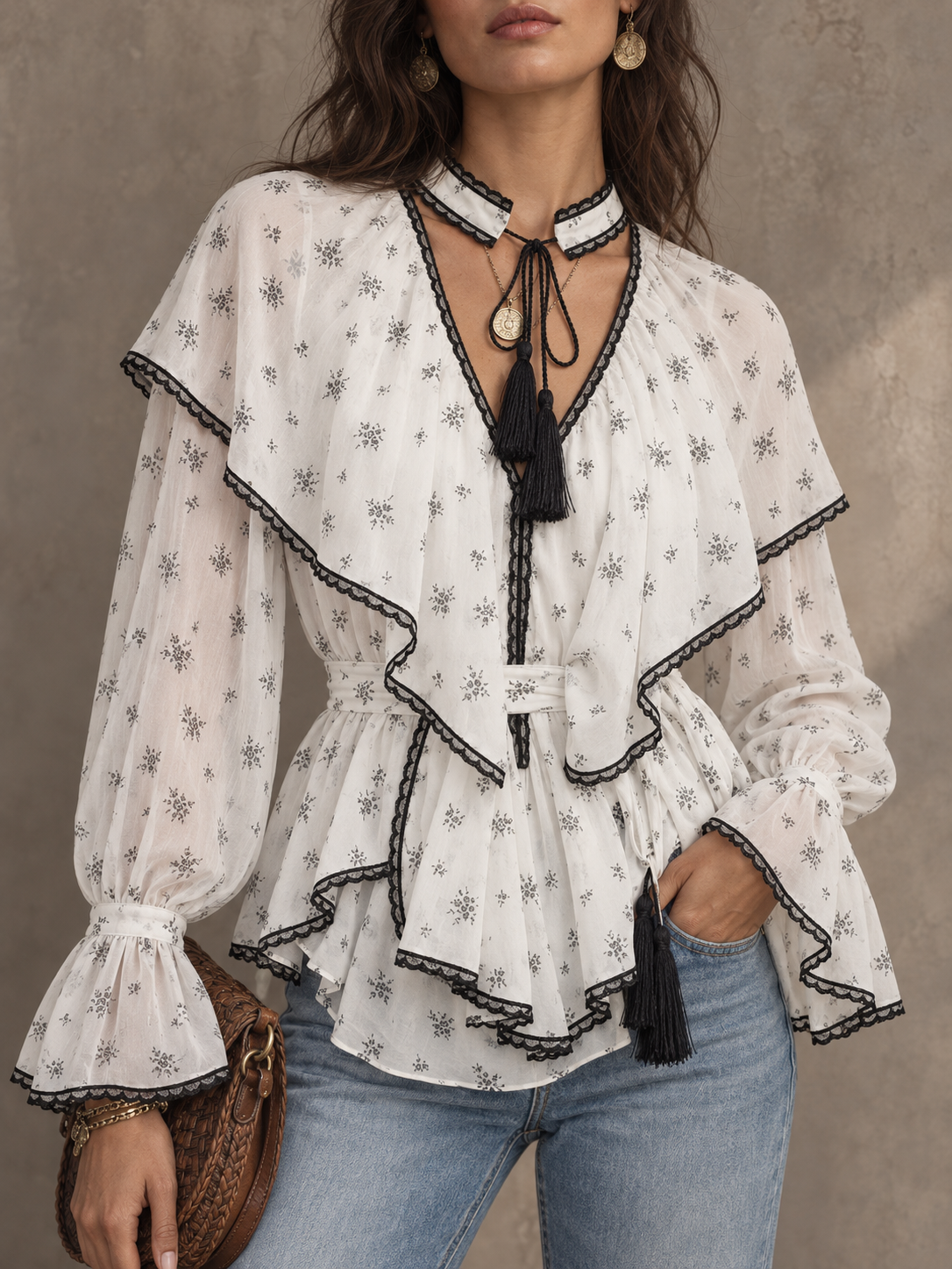 Cream Polka Dot Lace Trim Ruffle Blouse
