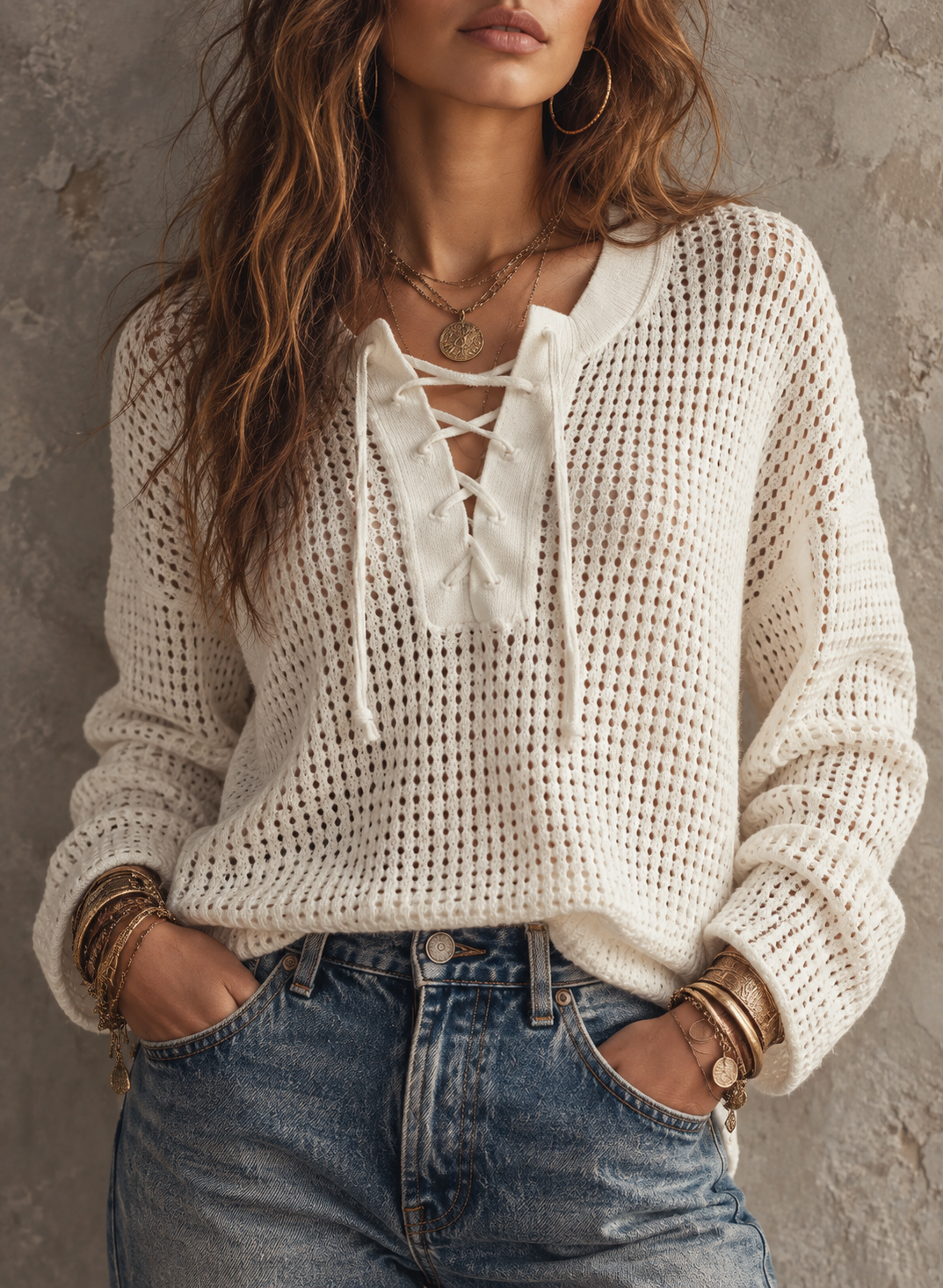 Cream Open Knit Lace Up Sweater