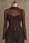 Brown Sheer Mesh Ruched Long Sleeve Top
