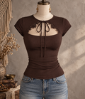 Brown Lace Cutout Tie Front Top