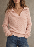 Pink Pointelle Collared Long Sleeve Sweater
