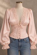 Pink Lace Trim Button Front Blouse