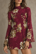 Burgundy Floral Print Bell Sleeve Mini Dress
