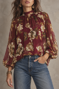 Burgundy Floral Print Sheer Blouse