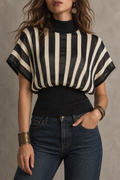 Black Cream Striped Cowl Neck Short Sleeve Top