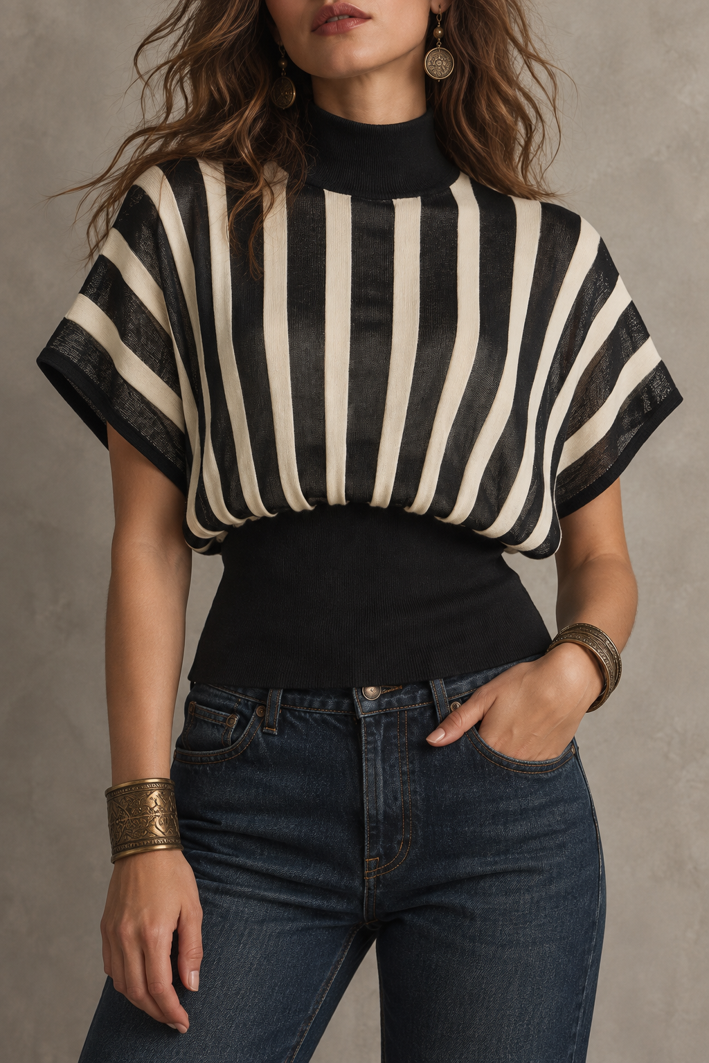Black Cream Striped Cowl Neck Short Sleeve Top