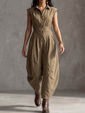 Olive Green Sleeveless Button-Up Jumpsuit