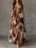 Brown Floral Asymmetric Tiers Maxi Dress