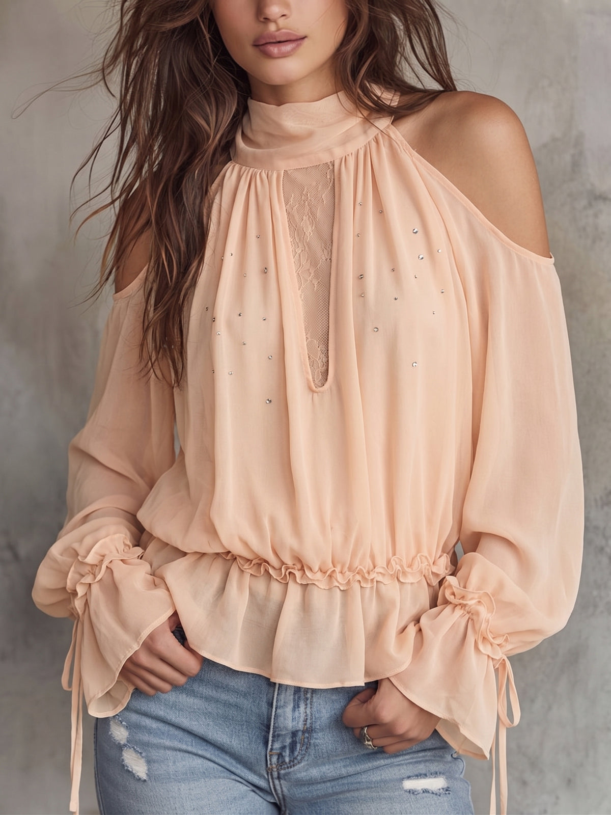 Peach Cold-Shoulder Rhinestone Chiffon Blouse