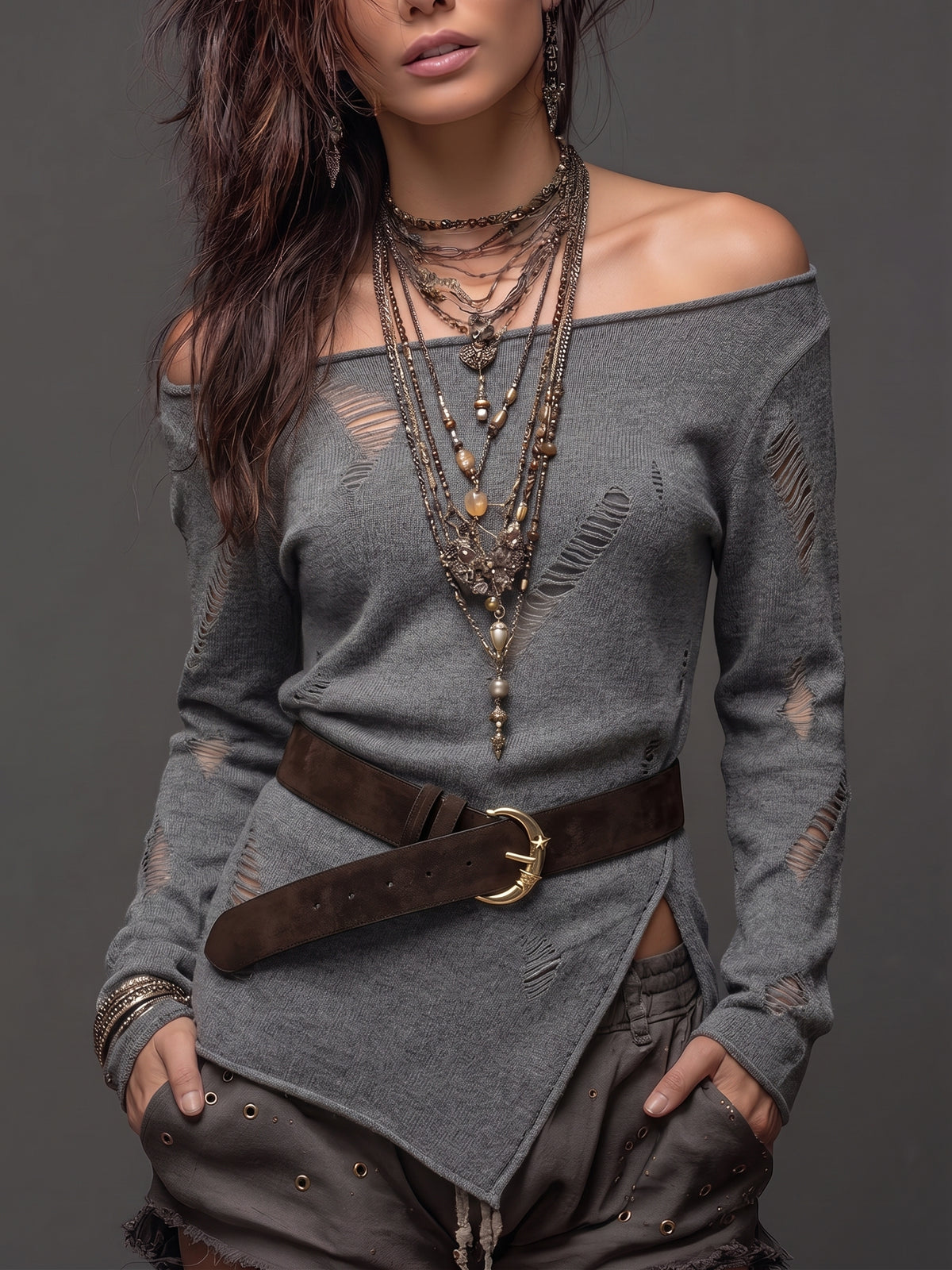 Grey Distressed Asymmetrical Sweater