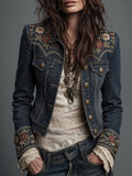Navy Floral Embroidered Denim Jacket