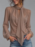 Taupe Neck Tie Sheer Blouse