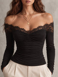 Black Off-Shoulder Ruched Lace Top