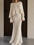 Cream Knit Poncho Mermaid Maxi Dress