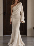Cream Knit One Shoulder Mermaid Maxi Dress