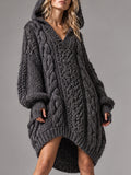 Charcoal Hooded Cable Knit Tunic Dress
