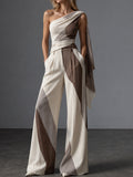Cream Draped One Shoulder Wide Leg Pants Set