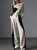 Black Cream Color Block One Shoulder Wide Leg Pants Set