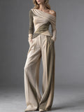 Beige Draped One Shoulder Wide Leg Pants Set