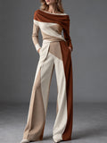 Brown Cream Color Block One Shoulder Wide Leg Pants Set