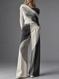 Grey Cream Color Block One Shoulder Wide Leg Pants Set