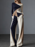 Navy Cream Color Block One Shoulder Wide Leg Pants Set