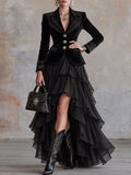 Black Velvet Blazer and Tiered Ruffle Maxi Skirt Set