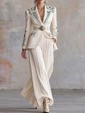 Cream Embroidered Blazer and Wide Leg Pants Set