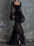 Black Velvet Lace Bell Sleeve Mermaid Maxi Dress
