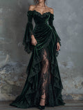 Green Velvet Lace Bell Sleeve High Slit Maxi Dress