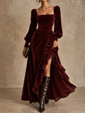 Burgundy Velvet Square Neck Ruffle Maxi Dress
