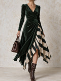 Green Velvet V-Neck Pleated Midi Dress