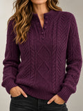 Purple Diamond Cable Knit Henley Sweater