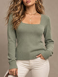 Sage Green Square Neck Ribbed Sweater