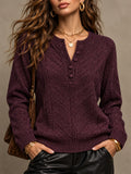 Purple Henley Neck Cable Knit Sweater