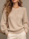 Beige Pointelle Knit Crewneck Sweater