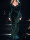 Green Velvet Draped Long Sleeve Maxi Dress