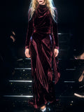 Burgundy Velvet Cowl Neck Long Sleeve Maxi Dress