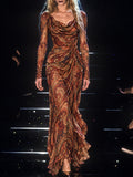 Rust Sheer Paisley Draped Long Sleeve Maxi Dress