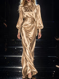 Gold Satin High Neck Draped Maxi Dress