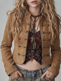 Camel Embroidered Zip Front Jacket