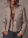 Beige Military Button Front Zip Jacket