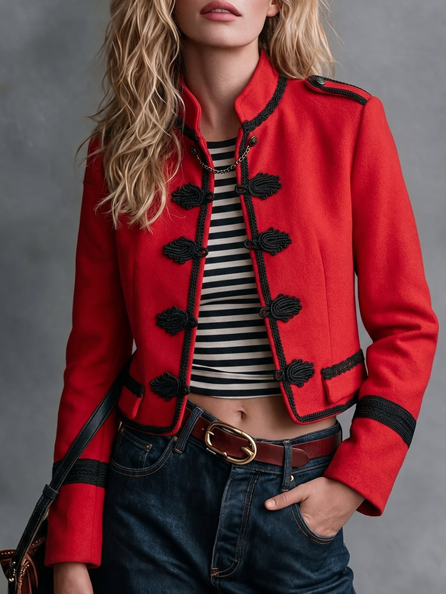 Red Military Button Front Jacket