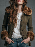 Olive Cable Knit Faux Fur Collar Cardigan