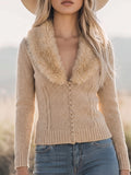 Cream Faux Fur Collar Button Front Cardigan