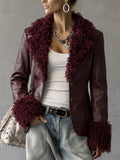 Burgundy Faux Fur Trim Open Front Jacket